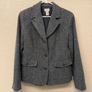 LL Bean Women's Jacket Gray 3 Button Blazer Herringbone Wool Silk Size Medium